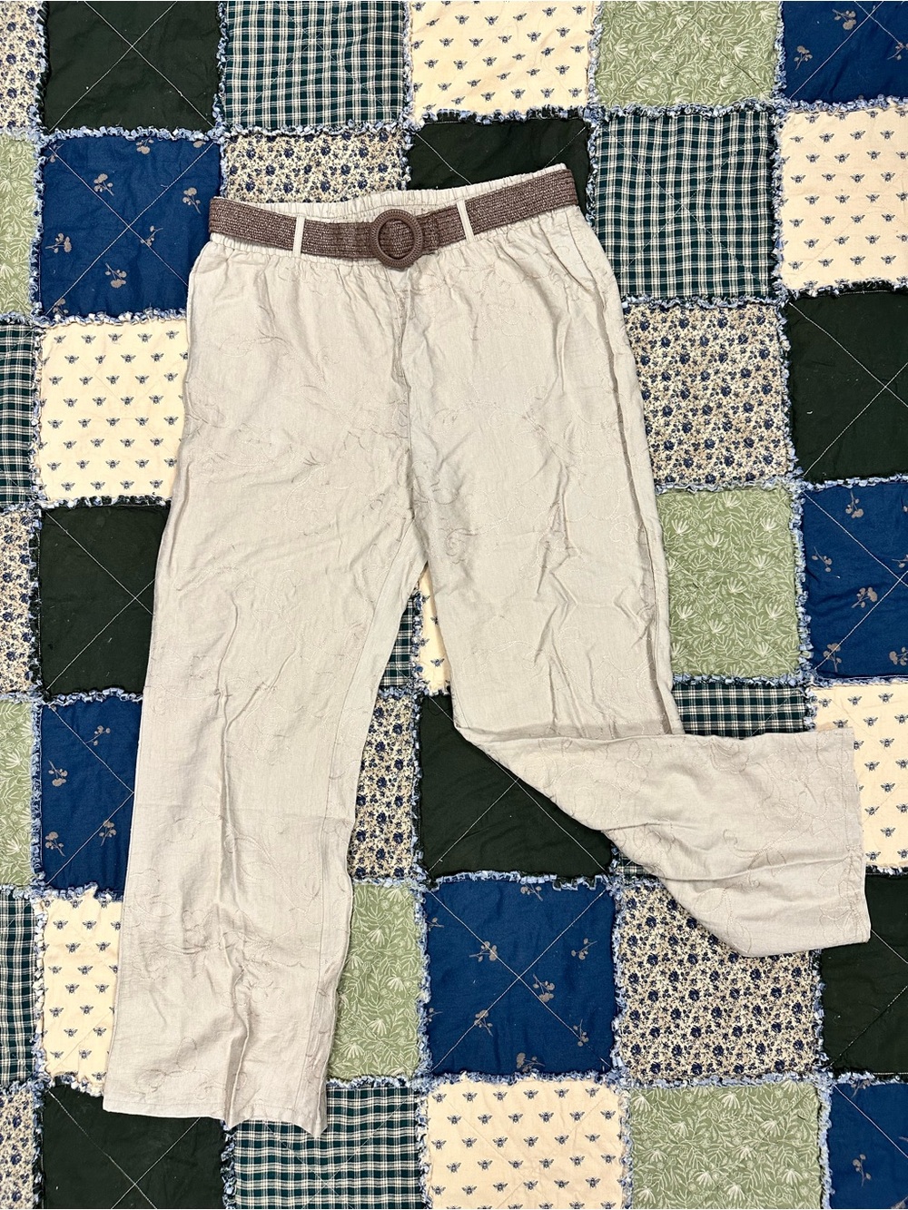 Women's Light Beige Linen-Blend elastic waist pants with Braided Belt